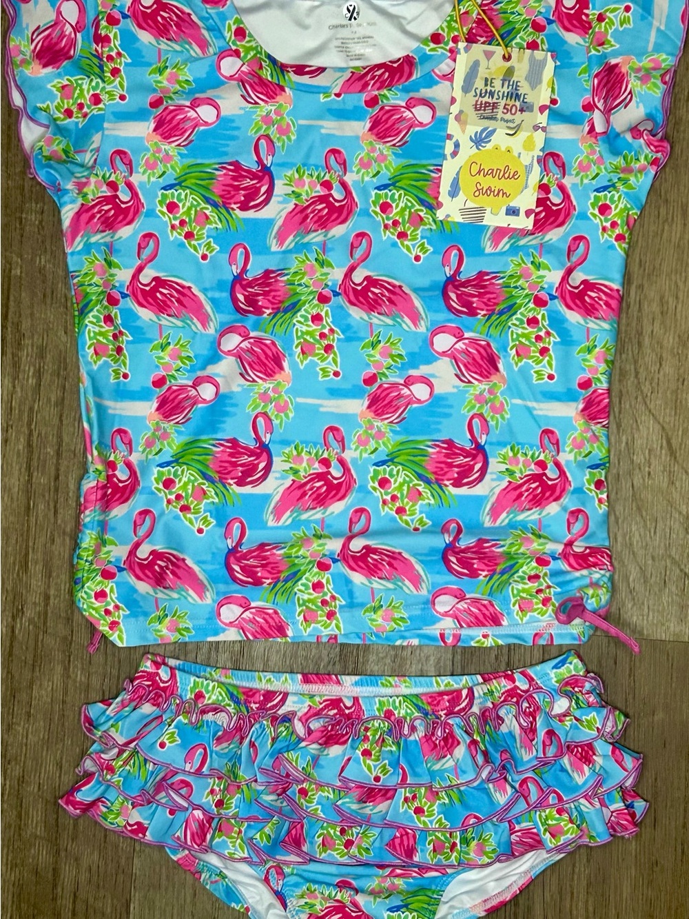 Charlies Girls Blue & Pink Flamingo Rash Guard Set